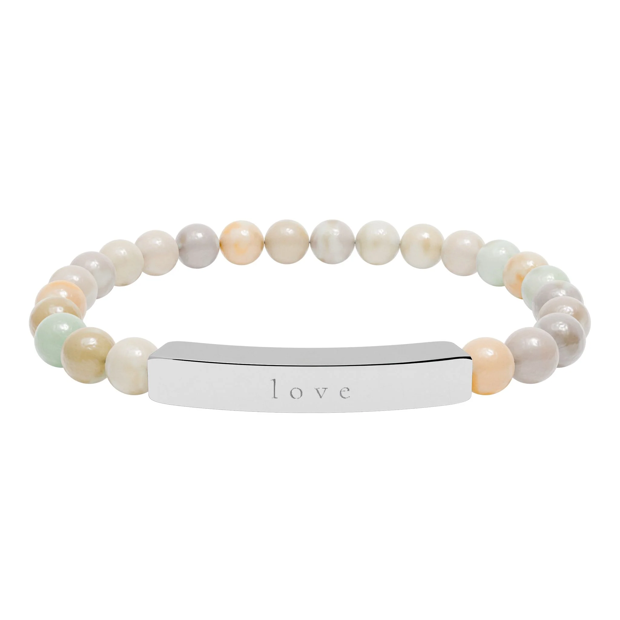 The Love engraved bracelet: natural stone beads in soft cream, peach, and pale green with a silver bar engraved love
