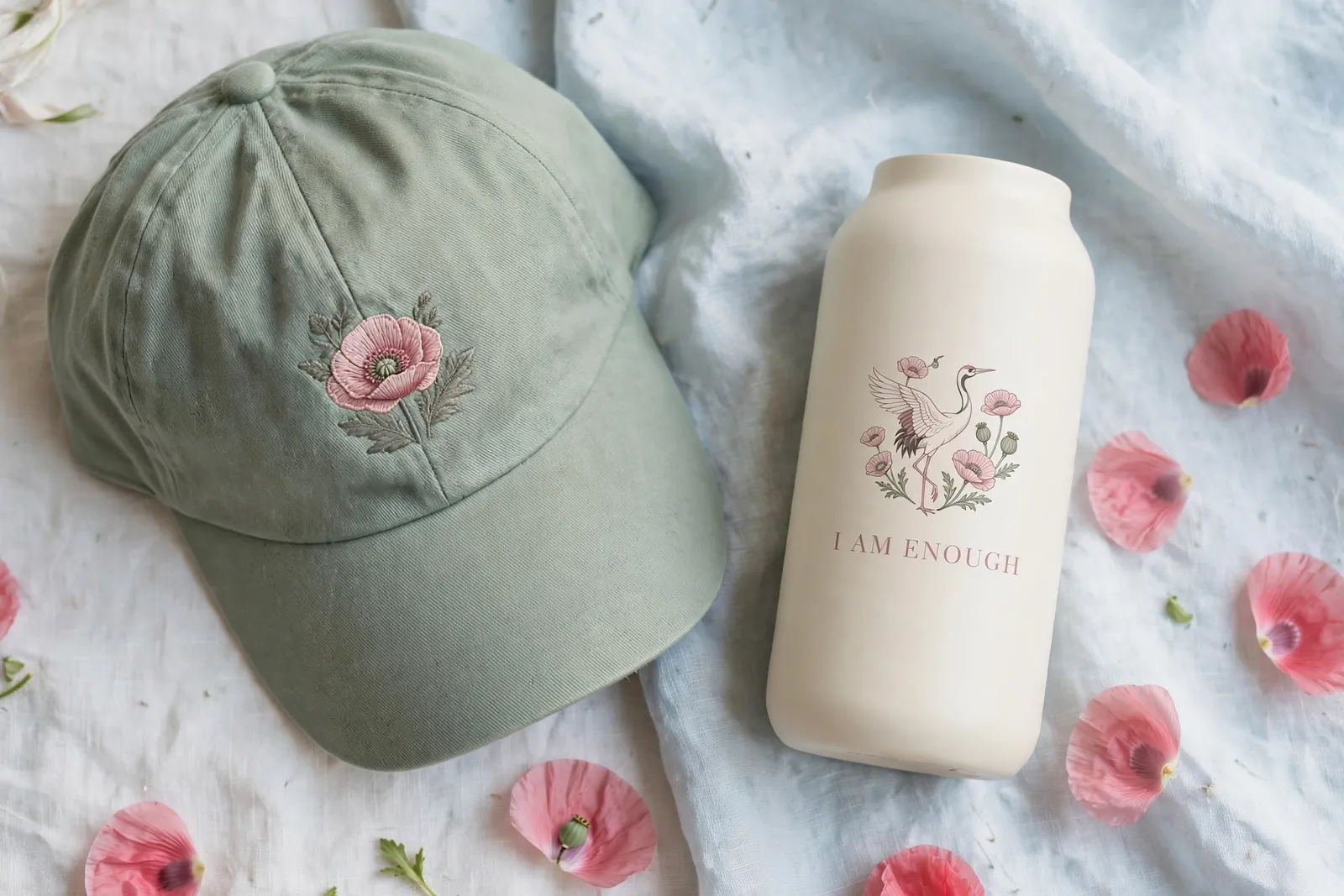 Flat lay on pale-blue linen: a sage-green cap with an embroidered pink poppy beside a cream water bottle printed with a crane among poppies and the words I Am Enough, with poppy petals scattered around