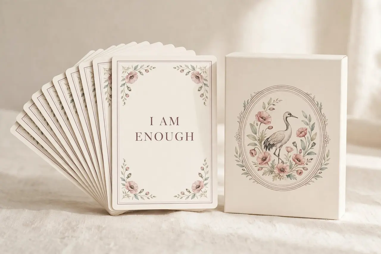 Affirmation card deck fanned beside its box on linen: the front card reads I Am Enough, and the box carries the crane-and-poppies emblem