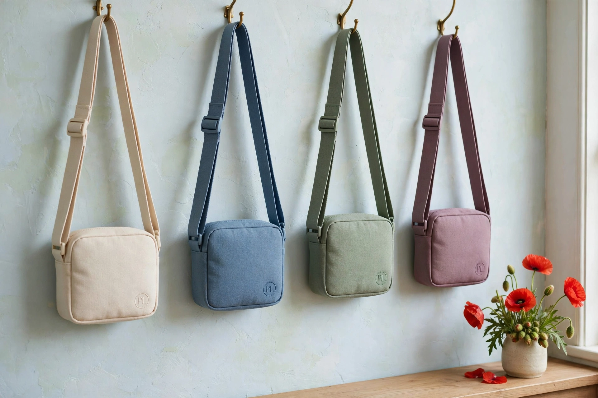 Rendering of four Poppy Lane crossbody bags hanging on hooks in cream, dusty blue, sage, and mauve, each with a wide adjustable strap and a tiny embroidered PL monogram in a circle at the corner, with a small vase of poppies beside them