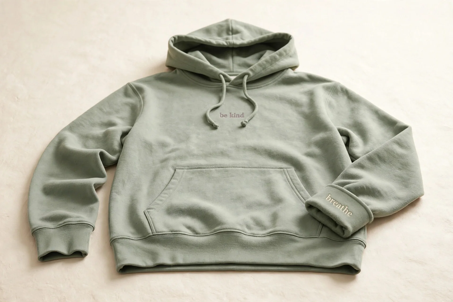 Rendering of the affirmation hoodie: a soft sage-green hoodie laid flat, with the words be kind embroidered small in mauve at the chest and the word breathe in cream serif letters along the folded cuff