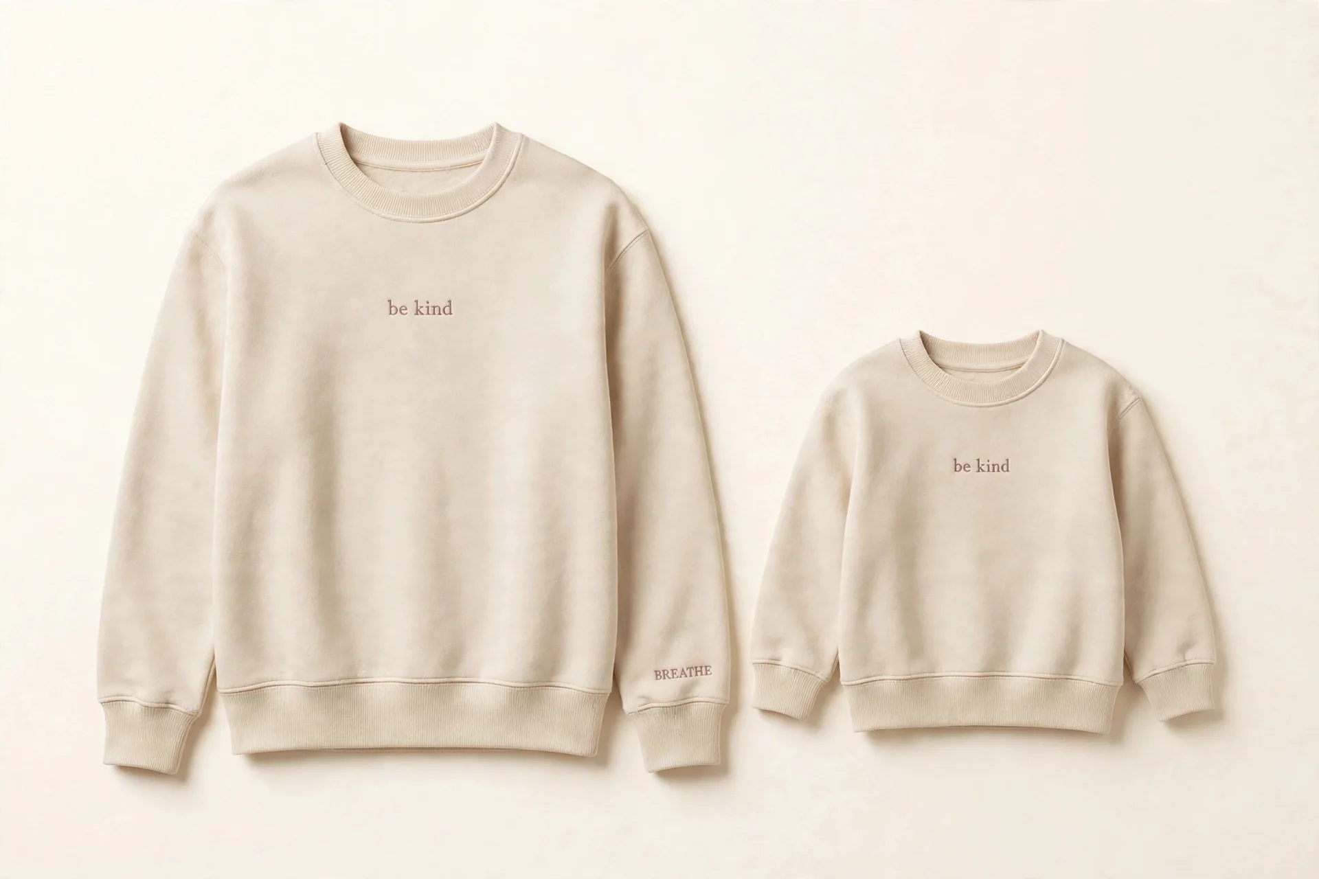 Rendering of the Grown-Up and Me matching set: cream crewneck sweatshirts for a grown-up and a child, each with the words be kind stitched small at the chest in mauve, and the word BREATHE in small mauve letters at the grown-up's cuff