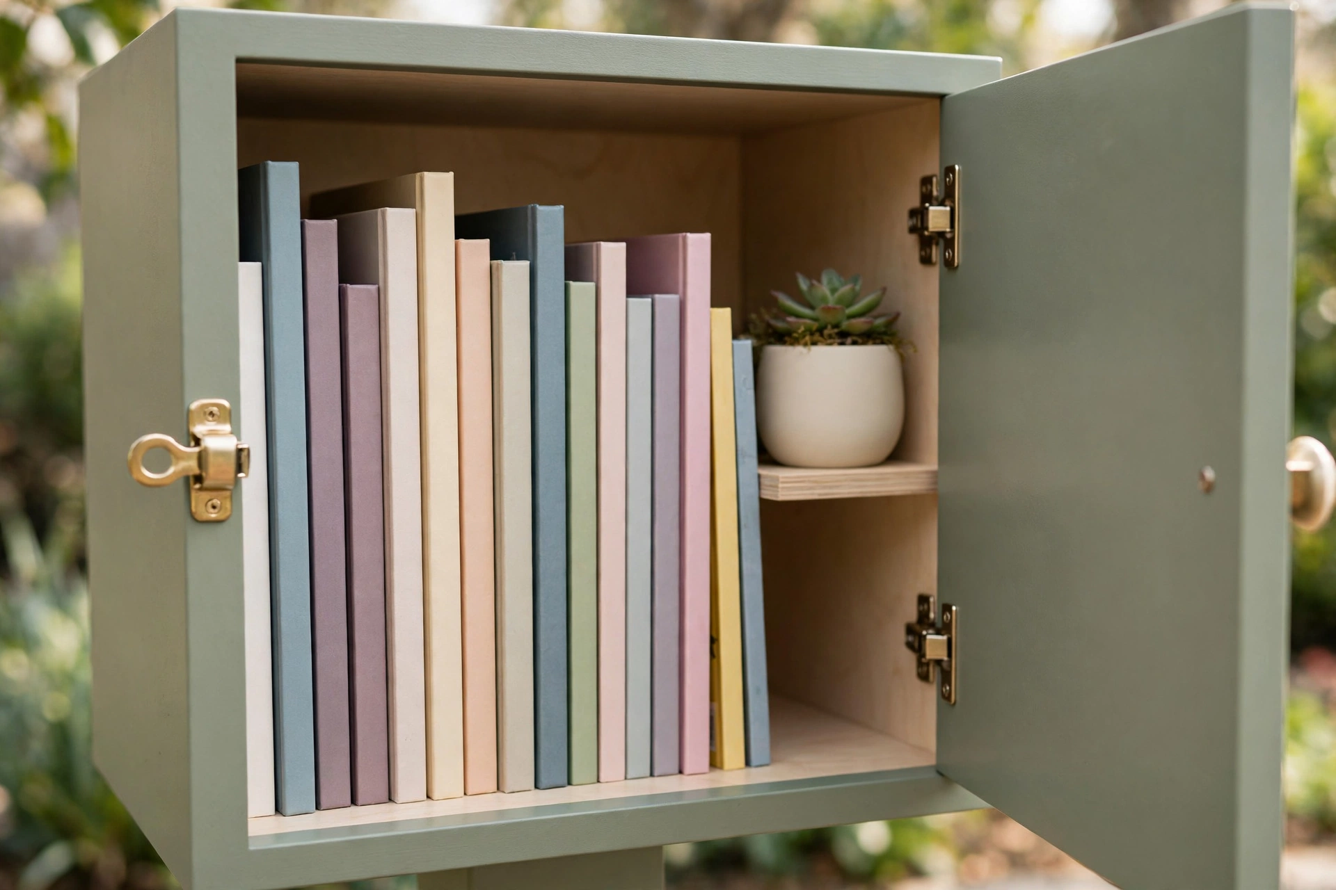 The Poppy Lane Free Little Library: a sage-green cabinet with its door swung open on a row of pastel book spines, a small potted succulent on the shelf beside them, and soft garden greenery behind
