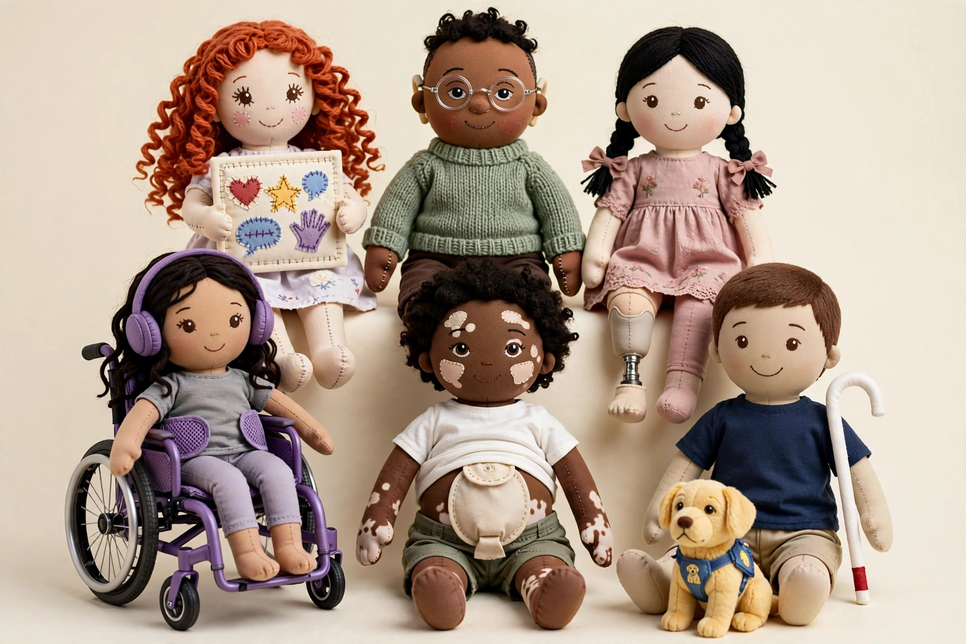 Rendering of six sewn cloth dolls seated together: a redheaded doll holding a patchwork communication board, a boy doll with glasses and hearing aids, a girl doll with a prosthetic leg, a girl doll in a purple wheelchair wearing purple headphones, a doll with vitiligo wearing an ostomy pouch, and a boy doll with a white cane, with a small therapy dog in a vest in front