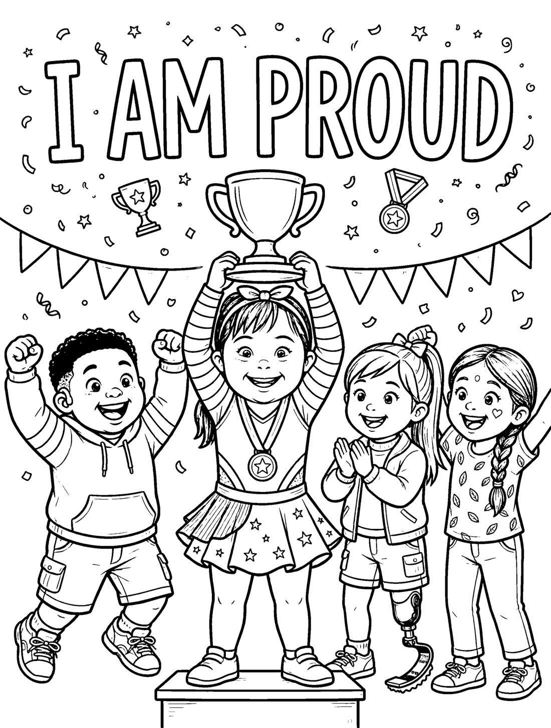 A full coloring page from I Am, in black line art ready to color: the words I Am Proud in big letters over four celebrating children — a girl standing on a podium holding a trophy high, a cheering boy, a clapping girl, and a girl with a prosthetic running blade