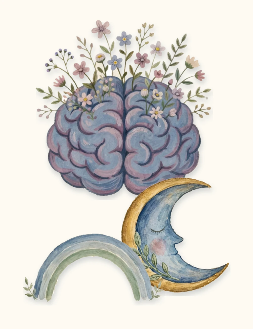 The Inclusion sticker motifs on a cream ground: the brain flowers, a painted brain with flowers growing from it, the resting moon, a sleeping crescent moon, and the quiet rainbow in soft blue and sage
