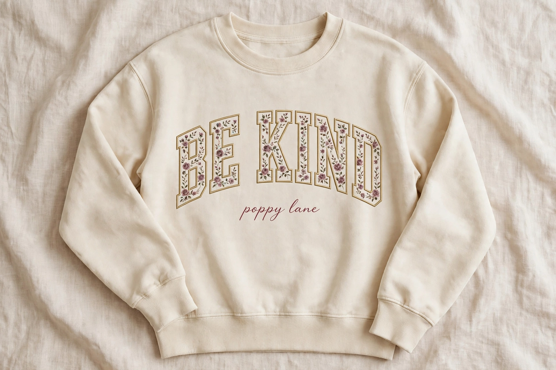 Rendering of a cream crewneck sweatshirt with the words BE KIND in mauve rose collegiate letters across the chest and the words poppy lane in script beneath