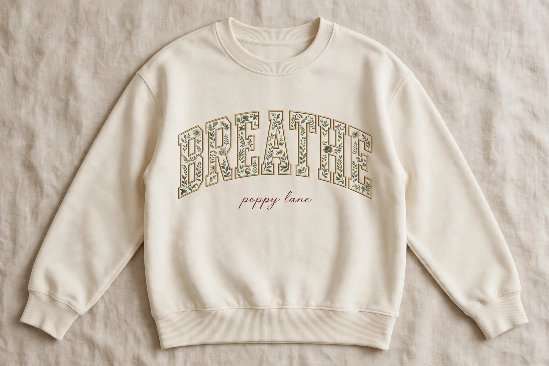 Rendering of a cream crewneck sweatshirt with the word BREATHE in sage-green vine collegiate letters across the chest and the words poppy lane in script beneath