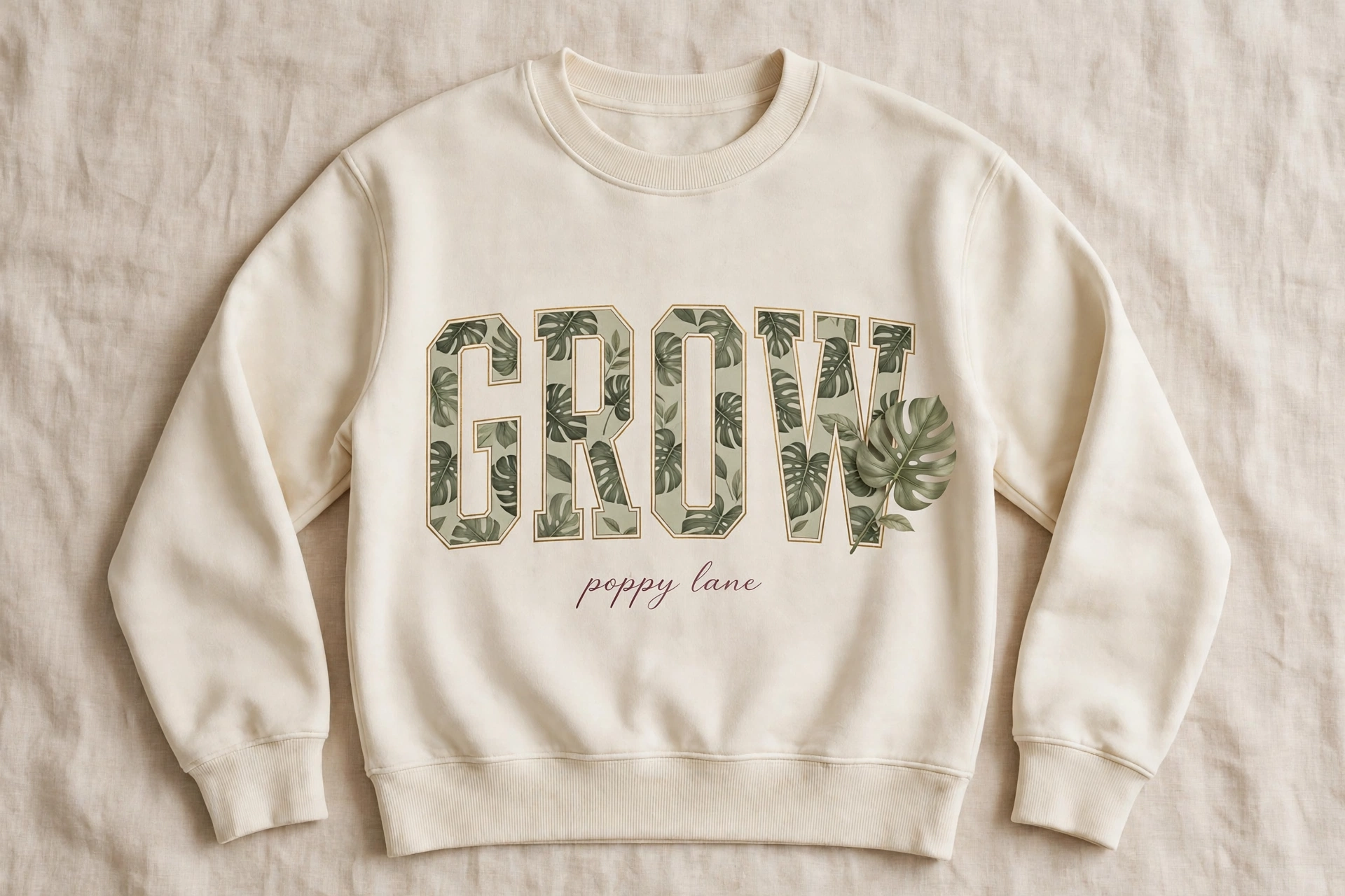 Rendering of a cream crewneck sweatshirt with the word GROW in green monstera-leaf collegiate letters across the chest and the words poppy lane in script beneath