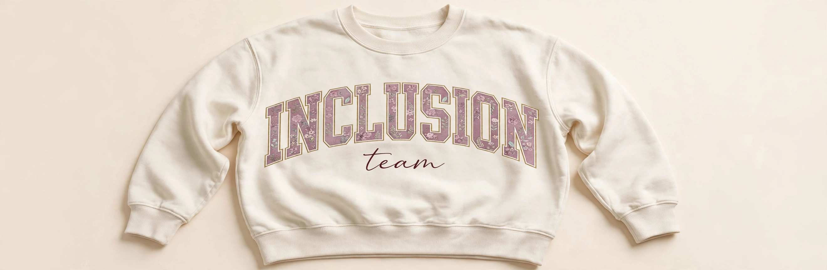 Rendering of a cream crewneck sweatshirt with the word INCLUSION in mauve floral collegiate letters across the chest and the word team in script beneath