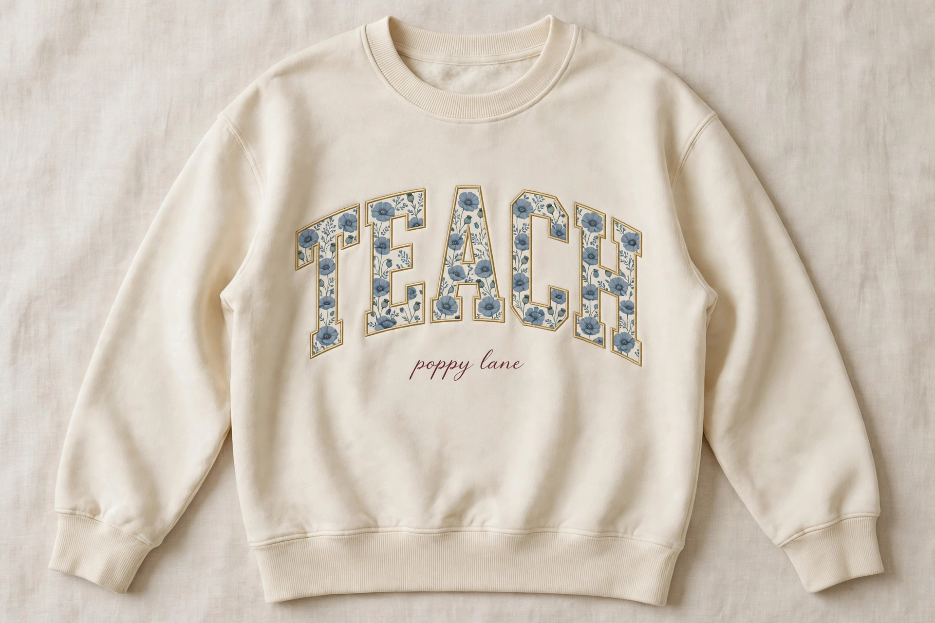 Rendering of a cream crewneck sweatshirt with the word TEACH in blue poppy collegiate letters across the chest and the words poppy lane in script beneath