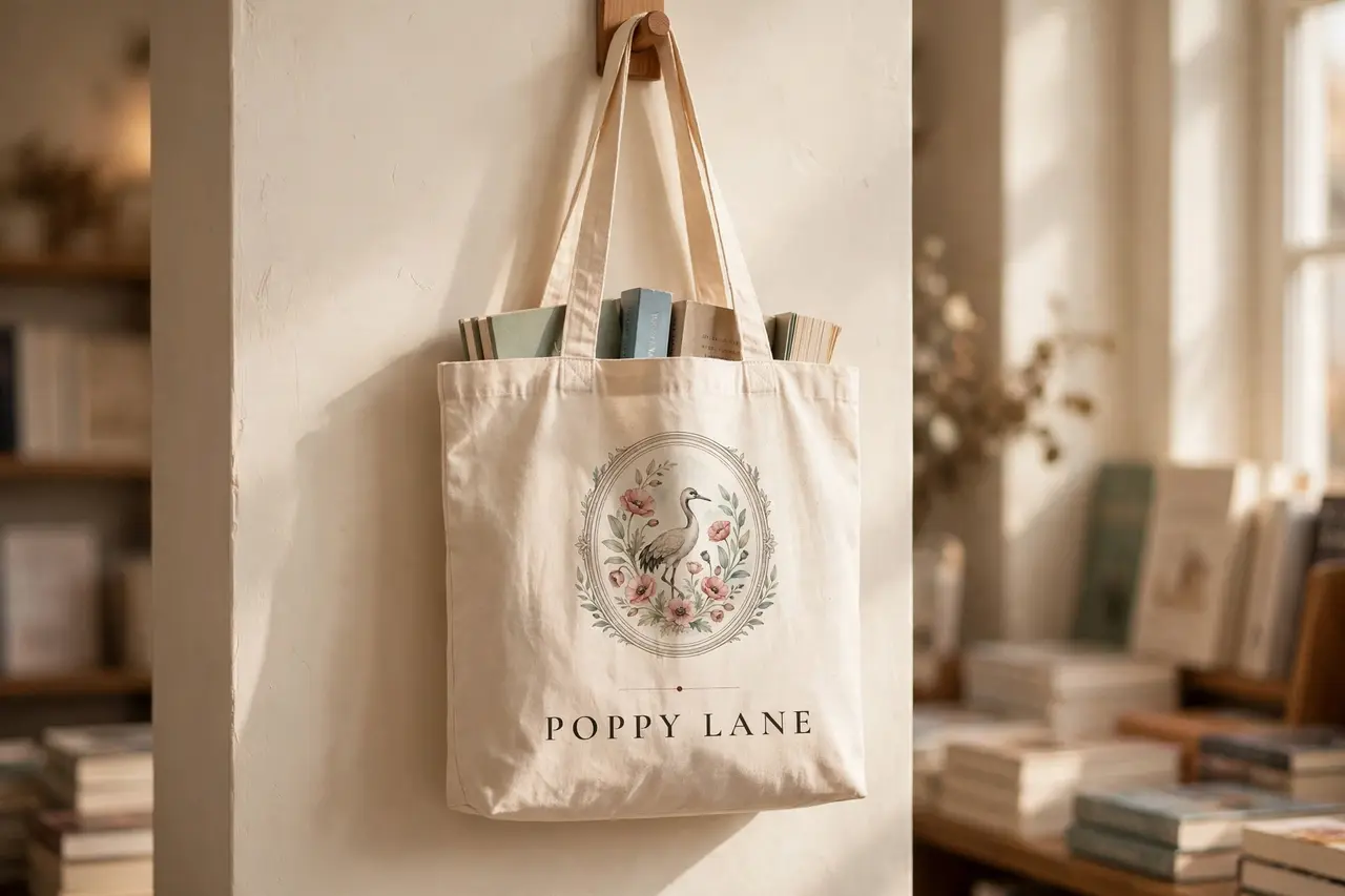 Canvas tote bag printed with the crane-and-poppies emblem and the words Poppy Lane, hanging on a hook full of books